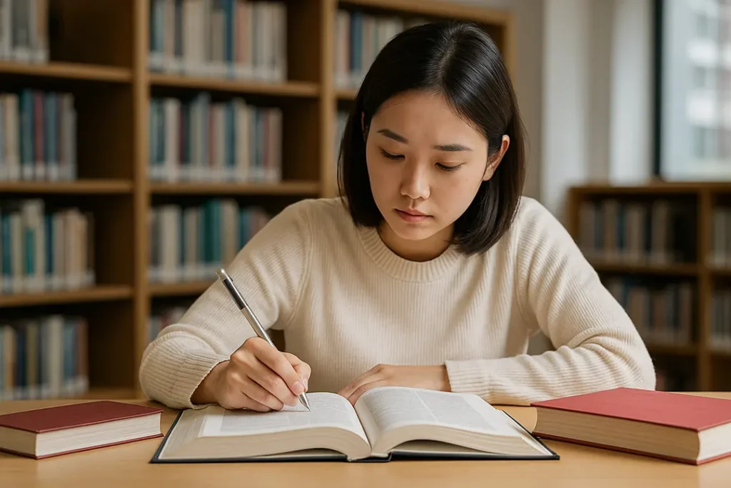 دانشجو در حال بررسی و انتخاب درس‌های آزمون CSCA در محیط کتابخانه