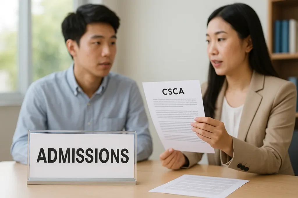 مشاور پذیرش در حال توضیح نقش آزمون CSCA به داوطلب پذیرش کارشناسی چین