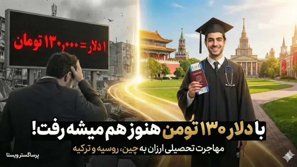 پوستر تبلیغاتی دوپاره نشان‌دهنده امکان مهاجرت تحصیلی ارزان به چین و ترکیه و روسیه با وجود نرخ بالای دلار.
