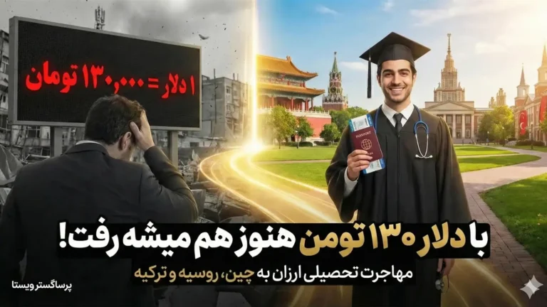 پوستر تبلیغاتی دوپاره نشان‌دهنده امکان مهاجرت تحصیلی ارزان به چین و ترکیه و روسیه با وجود نرخ بالای دلار.